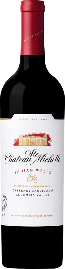 En glasflaska med Chateau Ste Michelle Indian Wells Cabernet Sauvignon 2021, ett rött vin från Washington State i USA