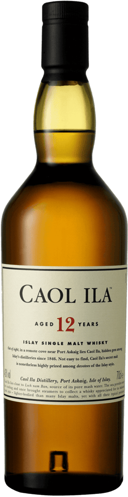 En glasflaska med Caol Ila 12 Years, en whisky från Skottland i Storbritannien