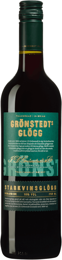 En lättare glasflaska med Grönstedts Starkvinsglögg 15%, en glögg och Glühwein från Sverige