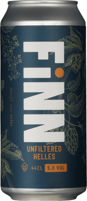 En burk med Finn Unfiltered Helles, en ljus lager från Skåne län i Sverige