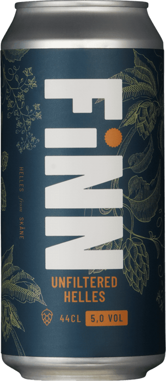 En burk med Finn Unfiltered Helles, en ljus lager från Skåne län i Sverige