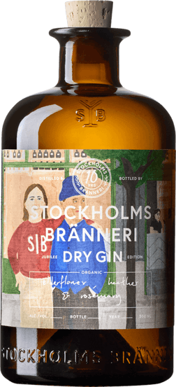En lättare glasflaska med AB Stockholms Bränneri Dry Gin, en gin & Genever från Stockholms län i Sverige