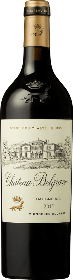En glasflaska med Château Belgrave 2015, ett rött vin från Bordeaux i Frankrike