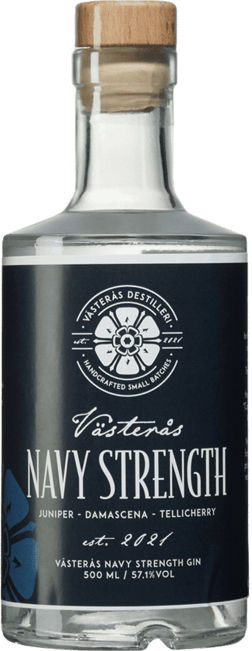 En glasflaska med Västerås Navy Strength Gin, en gin & Genever från Västmanlands län i Sverige
