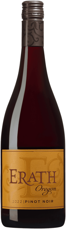 En glasflaska med Erath Pinot Noir 2022, ett rött vin från Oregon i USA