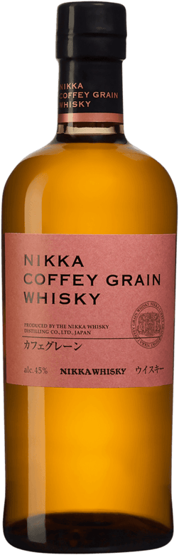 En glasflaska med Nikka Coffey Grain, en whisky från Japan