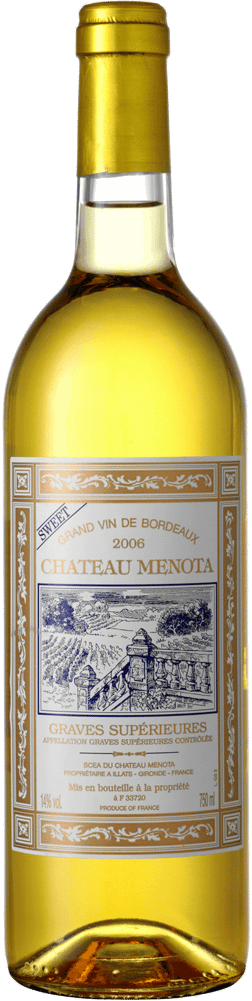 En lättare glasflaska med Château Menota 2018, ett vitt vin från Bordeaux i Frankrike