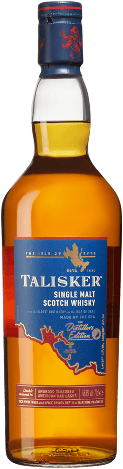 En glasflaska med Talisker Distillers Edition, en whisky från Skottland i Storbritannien