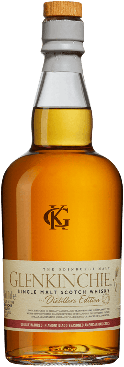 En glasflaska med Glenkinchie Distillers Edition, en whisky från Skottland i Storbritannien
