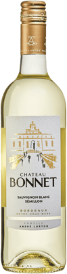 En lättare glasflaska med Chateau Bonnet Blanc, ett vitt vin från Bordeaux i Frankrike