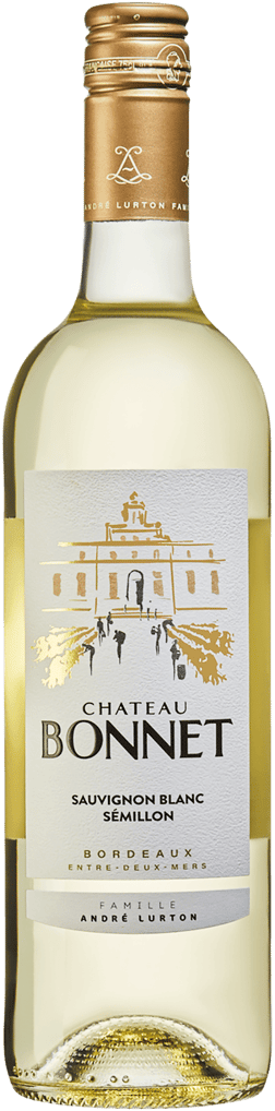 En lättare glasflaska med Château Bonnet Blanc 2023, ett vitt vin från Bordeaux i Frankrike
