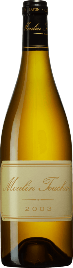 En glasflaska med Moulin Touchais 2004, ett vitt vin från Loiredalen i Frankrike