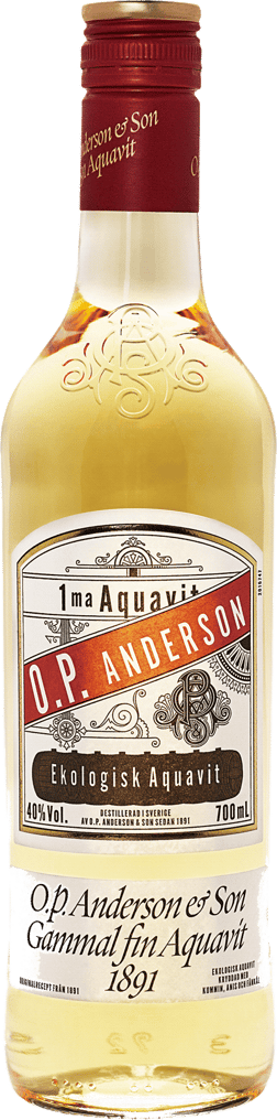 En lättare glasflaska med O.P. Anderson Aquavit, en akvavit från Sverige