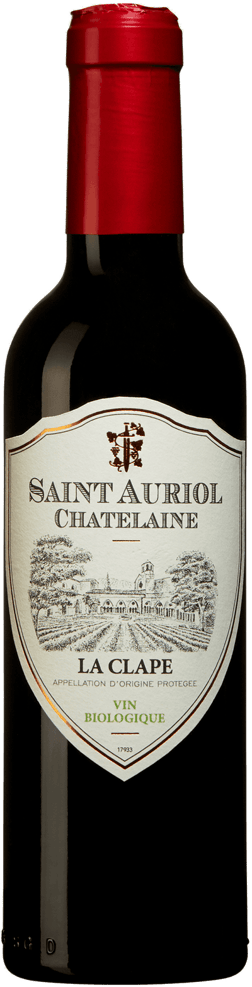 En glasflaska med Saint Auriol Chatelaine La Clape 2022, ett rött vin från Languedoc-Roussillon i Frankrike