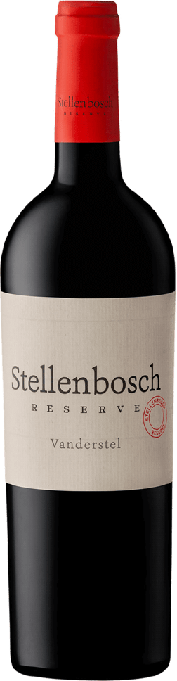 En glasflaska med Stellenbosch Reserve Vandersteel 2022, ett rött vin från Western Cape i Sydafrika