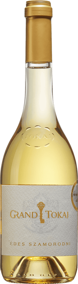 En glasflaska med Grand Tokaj Szamorodni 2017, ett vitt vin från Tokaj i Ungern