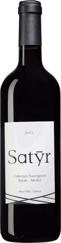 En lättare glasflaska med Satyr Chateau Marsyas 2022, ett rött vin från Bekaa i Libanon