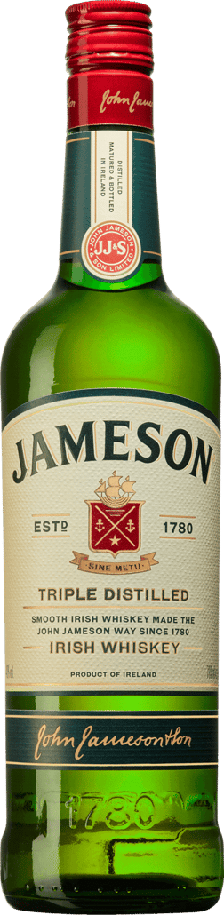 En glasflaska med Jameson, en whisky från Irland