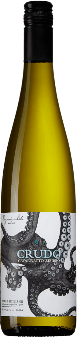 En glasflaska med Crudo Catarratto Zibibbo Organic 2023, ett vitt vin från Sicilien i Italien