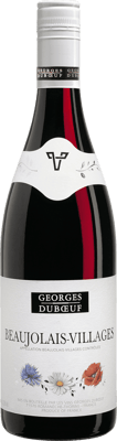 En lättare glasflaska med Georges Duboeuf Beaujolais Villages 2018, ett rött vin från Bourgogne i Frankrike