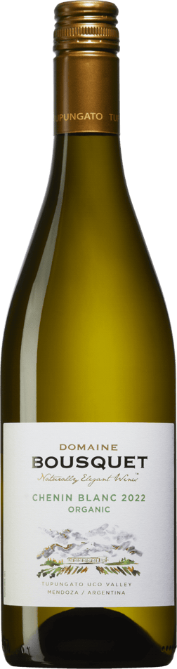 En lättare glasflaska med Domaine Bousquet Chenin Blanc Organic 2022, ett vitt vin från Cuyo i Argentina