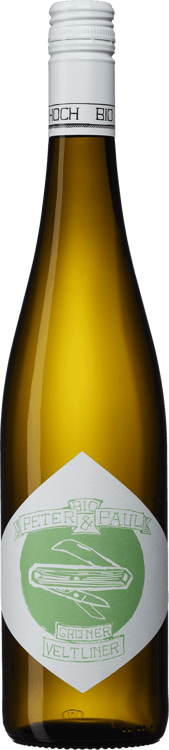 En glasflaska med Peter &#038; Paul Grüner Veltliner, ett vitt vin från Niederösterreich i Österrike