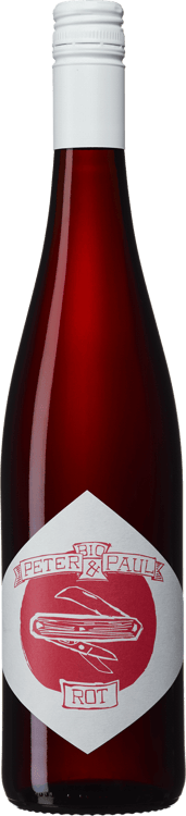 En glasflaska med Peter &#038; Paul Rot, ett rött vin från Niederösterreich i Österrike