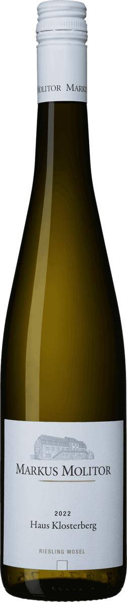 En glasflaska med Markus Molitor Haus Klosterberg Riesling 2023, ett vitt vin från Mosel i Tyskland