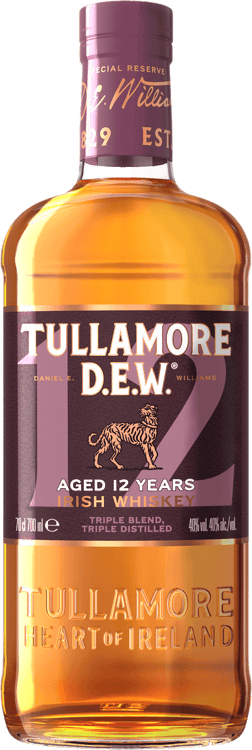 En glasflaska med Tullamore Dew 12 Years, en whisky från Irland