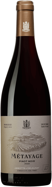 En glasflaska med Abbotts &#038; Delaunay Métayage Pinot Noir 2020, ett rött vin från Languedoc-Roussillon i Frankrike