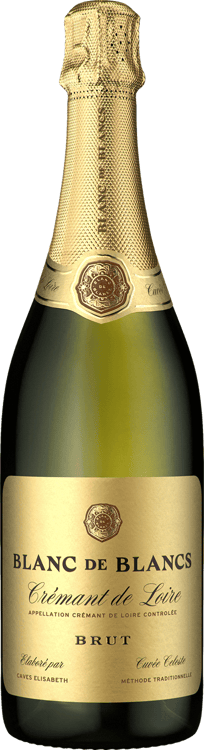 En glasflaska med Crémant de Loire Blanc de Blancs Brut Cuvée Celeste, en mousserande från Loiredalen i Frankrike