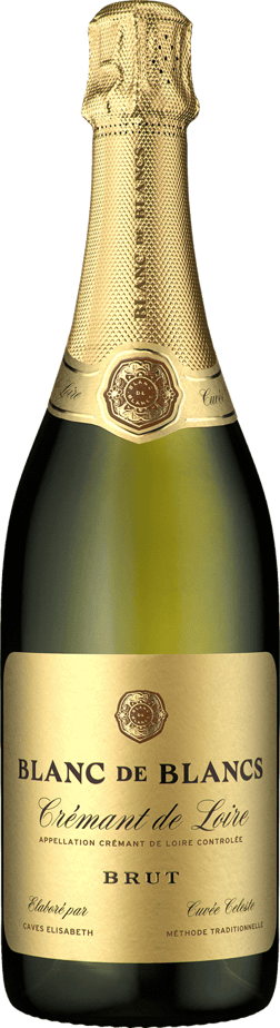 En glasflaska med Crémant de Loire Blanc de Blancs Brut Cuvée Celeste, en mousserande från Loiredalen i Frankrike