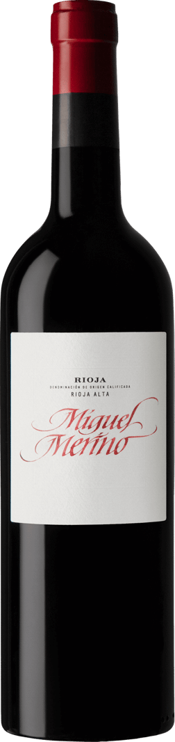 En glasflaska med Miguel Merino Reserva Rioja Alta 2016, ett rött vin från Rioja i Spanien