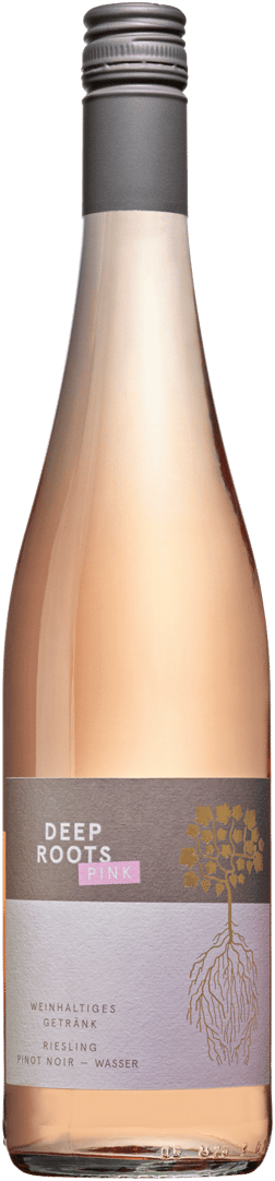 En lättare glasflaska med Deep Roots Pink Riesling, en drycker av flera typer från Tyskland