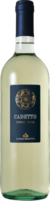En lättare glasflaska med Lungarotti Cadetto Bianco, ett vitt vin från Umbrien i Italien