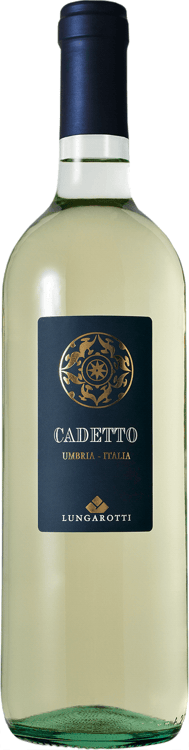 En lättare glasflaska med Lungarotti Cadetto Bianco, ett vitt vin från Umbrien i Italien