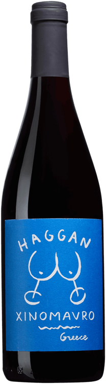 En glasflaska med Haggan Xinomavro, ett rött vin från Makedonien i Grekland
