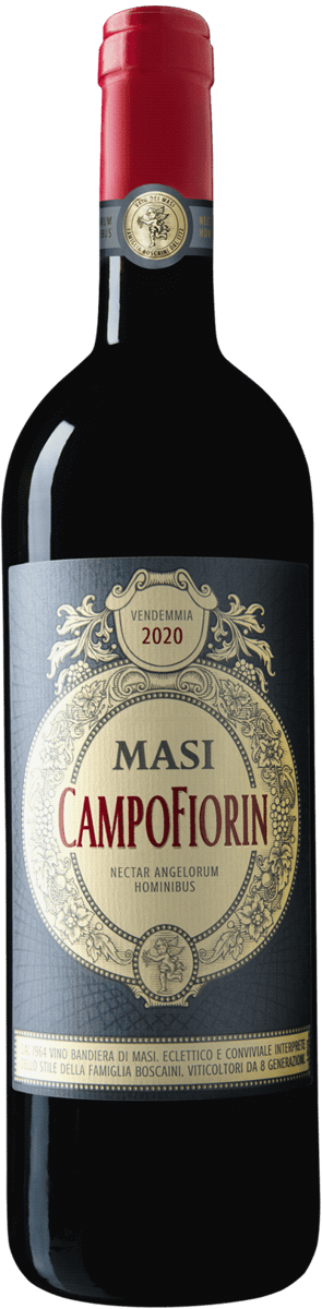 En lättare glasflaska med Masi Campofiorin, ett rött vin från Venetien i Italien