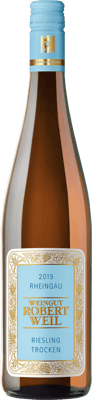 En glasflaska med Robert Weil Rheingau Riesling Trocken, ett vitt vin från Rheingau i Tyskland