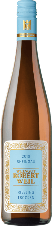 En glasflaska med Robert Weil Rheingau Riesling Trocken, ett vitt vin från Rheingau i Tyskland