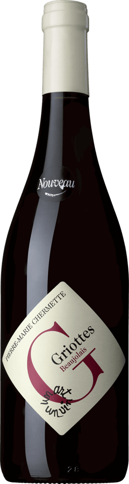 En glasflaska med Domaines Pierre-Marie Chermette Beaujolais Nouveau les Griottes 2024, ett rött vin från Bourgogne i Frankrike
