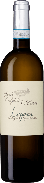 En glasflaska med Zenato St Cristina Lugana, ett vitt vin från Venetien i Italien