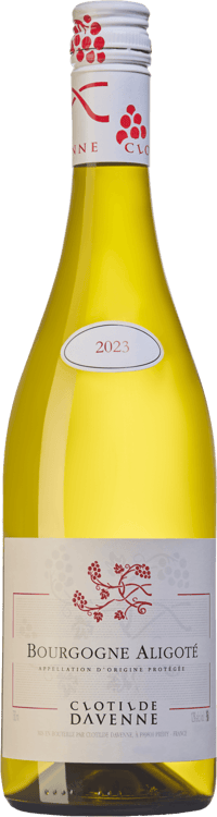En lättare glasflaska med Clotilde Davenne Bourgogne Aligoté, ett vitt vin från Bourgogne i Frankrike