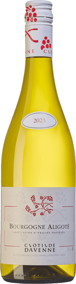 En lättare glasflaska med Bourgogne Aligoté Clotilde Davenne 2023, ett vitt vin från Bourgogne i Frankrike