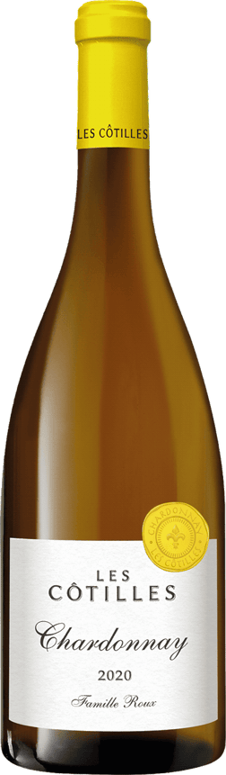 En glasflaska med Les Côtilles Chardonnay 2022, ett vitt vin från Frankrike