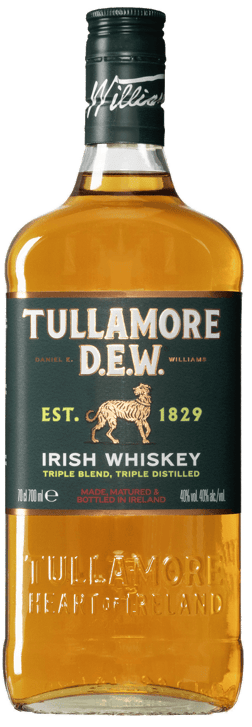 En glasflaska med Tullamore Dew, en whisky från Irland