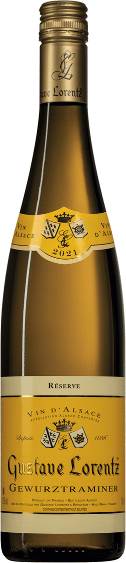 En glasflaska med Gustave Lorentz Gewurztraminer Réserve 2021, ett vitt vin från Alsace i Frankrike