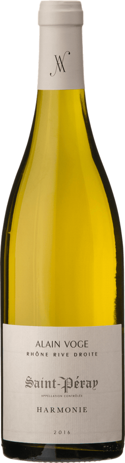 En glasflaska med Saint-Péray Harmonie 2020, ett vitt vin från Rhonedalen i Frankrike