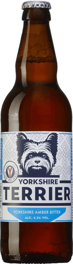 En flaska med Yorkshire Terrier Amber Bitter Ale, en ale från Storbritannien