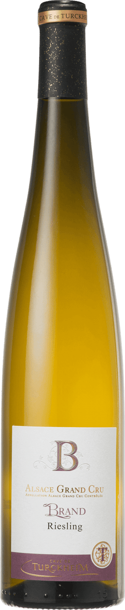 En glasflaska med Brand Grand Cru Riesling 2018, ett vitt vin från Alsace i Frankrike